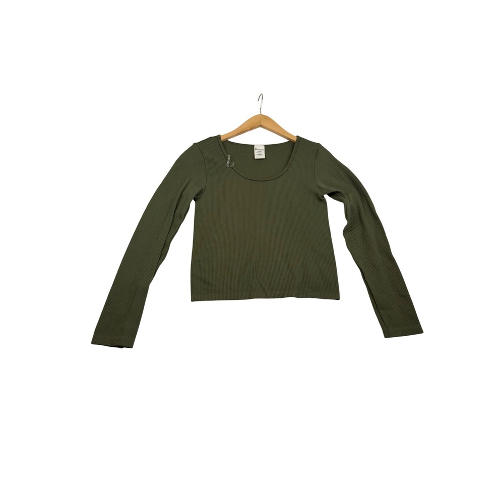 No Boundaries Womens Olive Green Ribbed Scoop Neck Long Sleeve Top Size L 12-14
